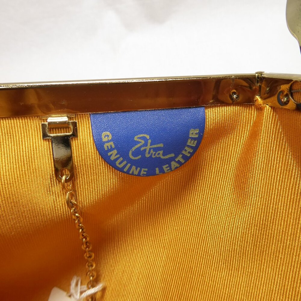 Vintage 50s 60s ETRA Navy Blue Leather Clutch Purse Evening Bag Gold Chain Strap - Picture 8 of 11
